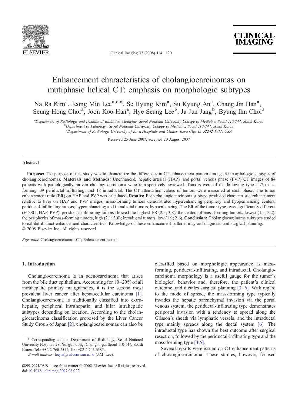 Enhancement characteristics of cholangiocarcinomas on mutiphasic helical CT: emphasis on morphologic subtypes