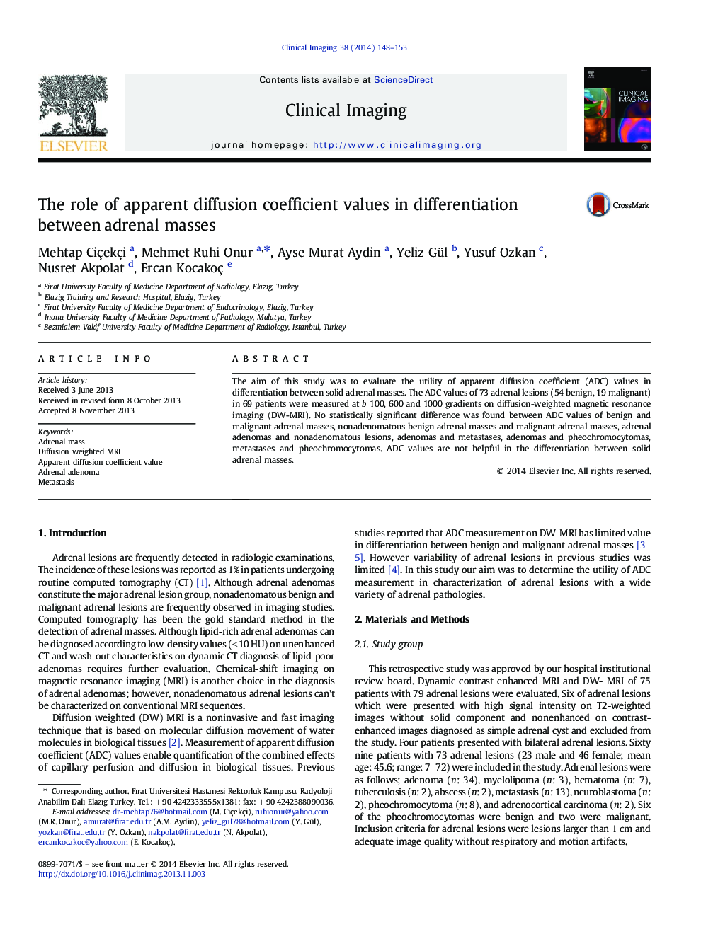 The role of apparent diffusion coefficient values in differentiation between adrenal masses