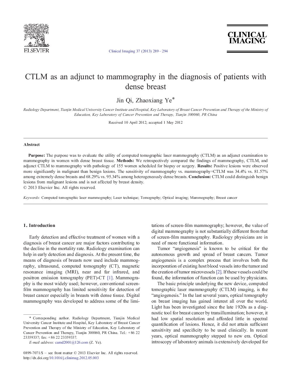 CTLM as an adjunct to mammography in the diagnosis of patients with dense breast