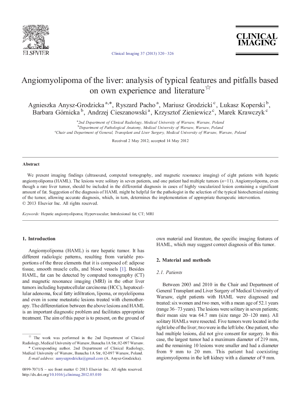 Angiomyolipoma of the liver: analysis of typical features and pitfalls based on own experience and literature 