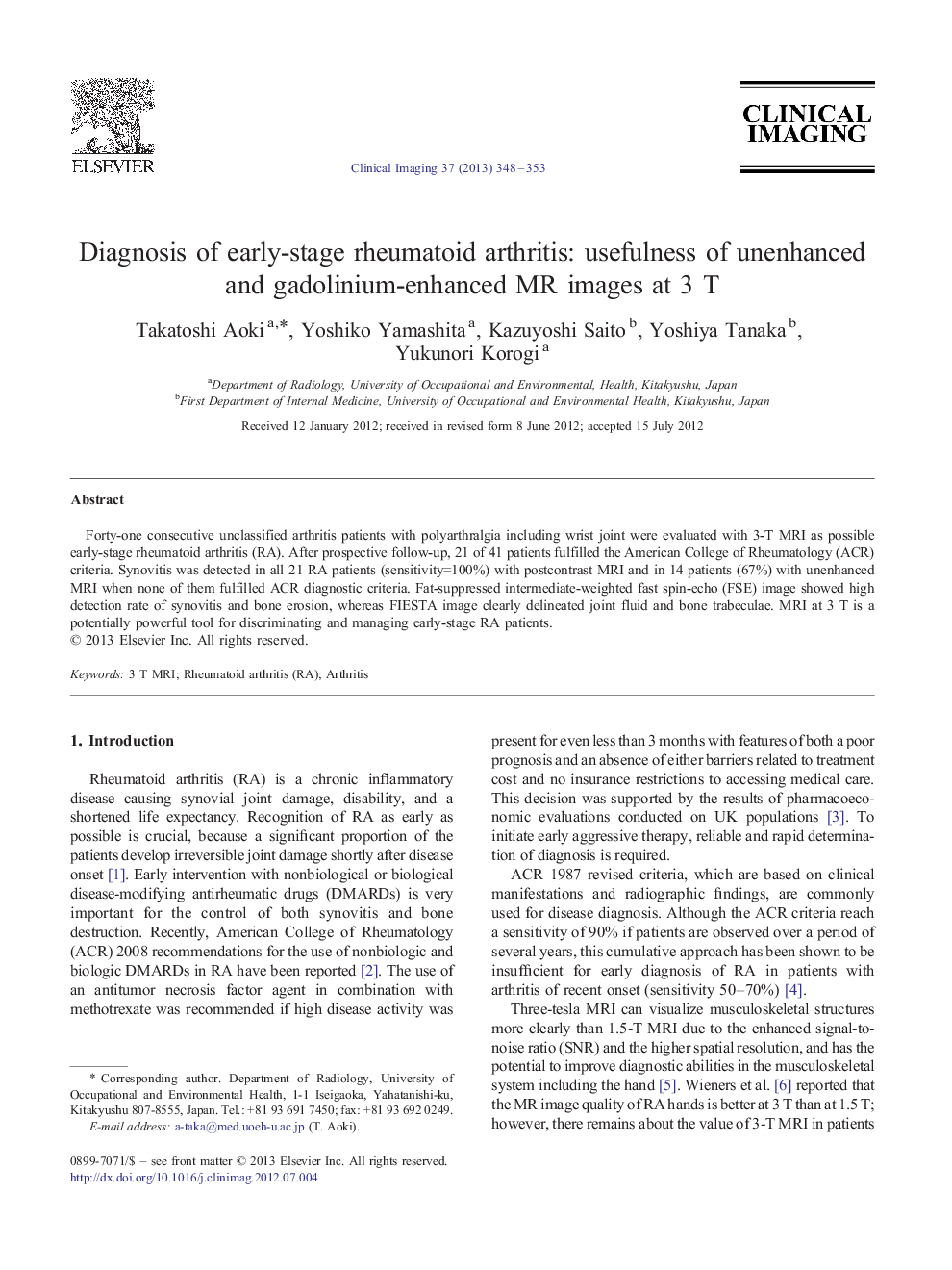 Diagnosis of early-stage rheumatoid arthritis: usefulness of unenhanced and gadolinium-enhanced MR images at 3 T