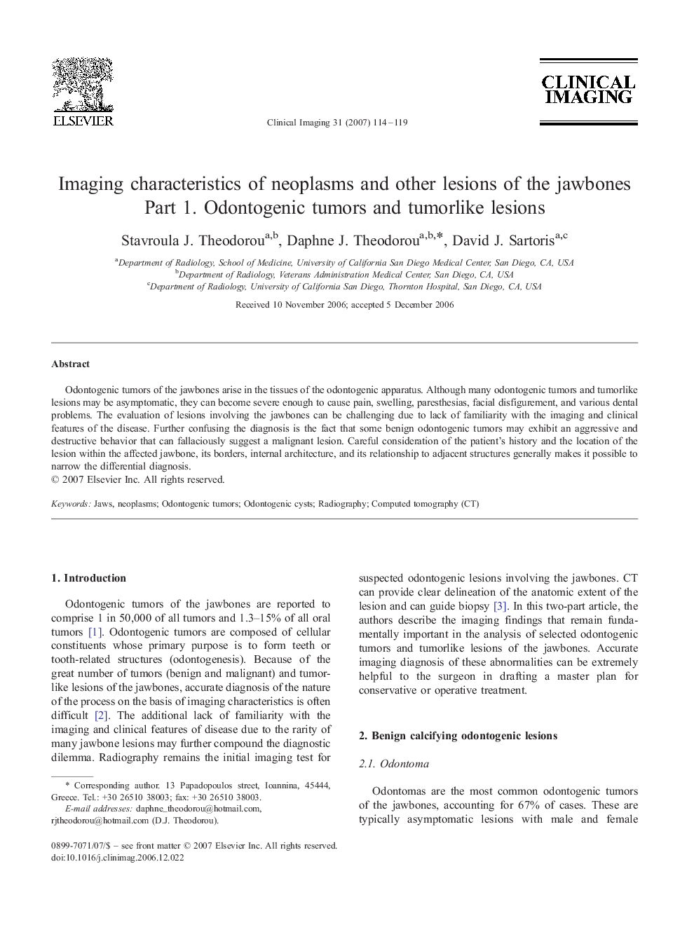 Imaging characteristics of neoplasms and other lesions of the jawbones: Part 1. Odontogenic tumors and tumorlike lesions