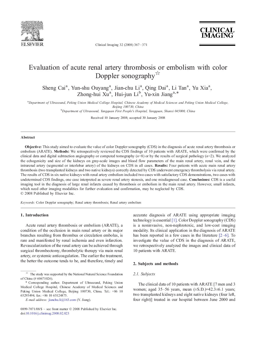 Evaluation of acute renal artery thrombosis or embolism with color Doppler sonography 