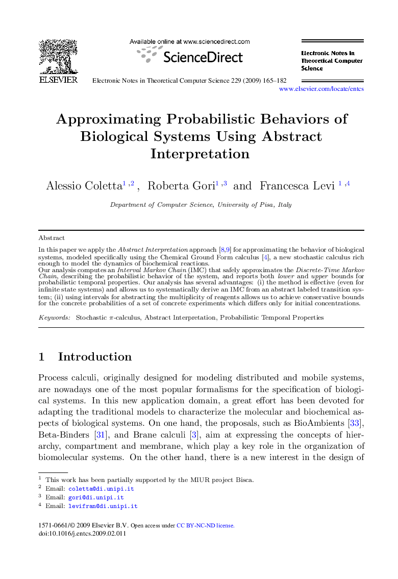 Approximating Probabilistic Behaviors of Biological Systems Using Abstract Interpretation