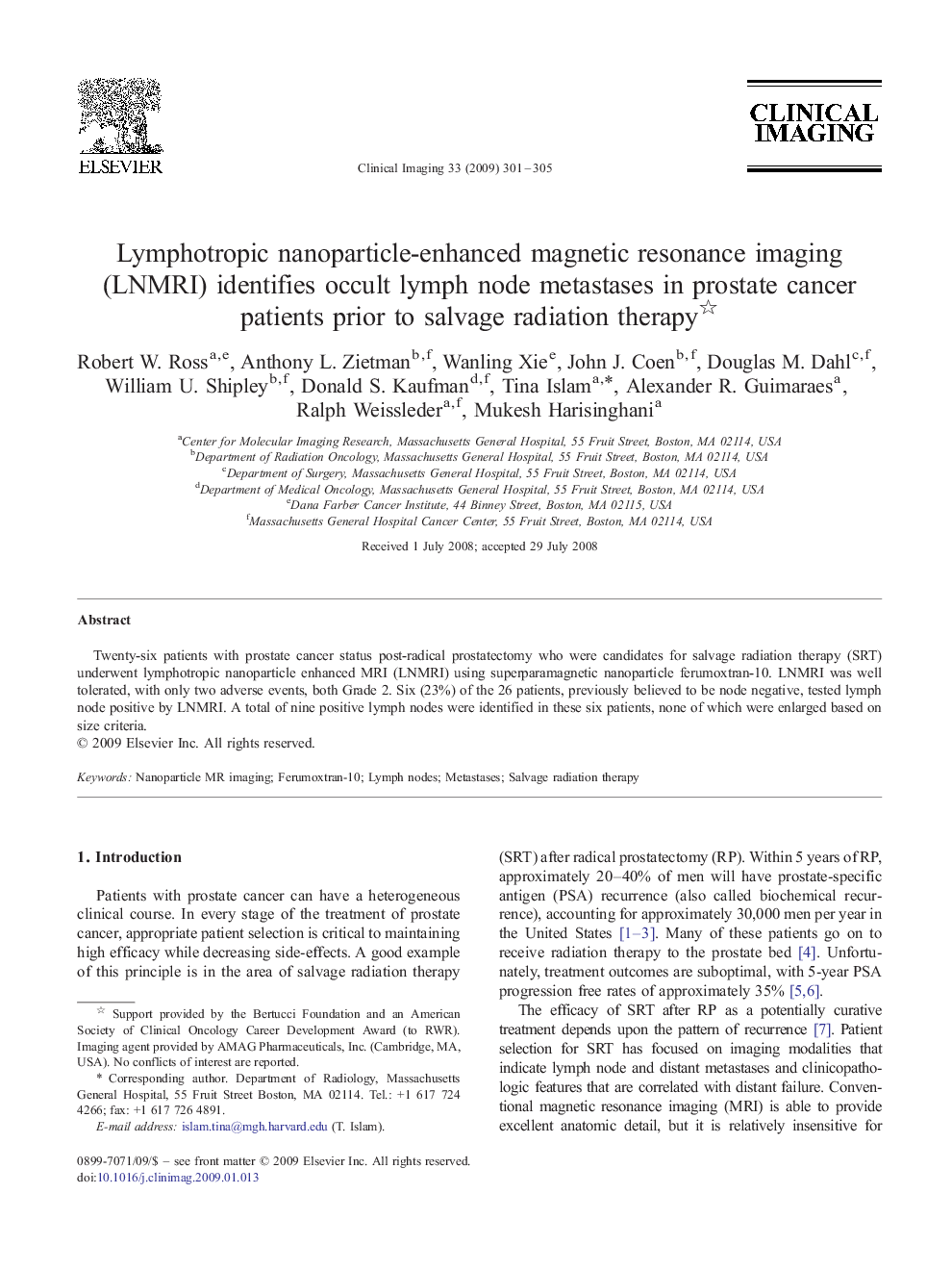 Lymphotropic nanoparticle-enhanced magnetic resonance imaging (LNMRI) identifies occult lymph node metastases in prostate cancer patients prior to salvage radiation therapy 