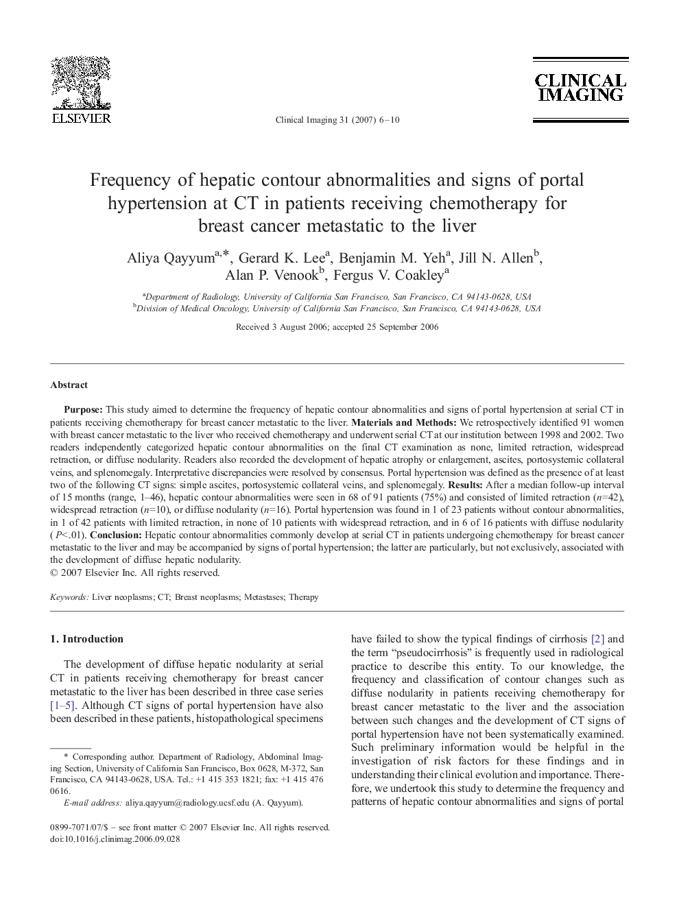 Frequency of hepatic contour abnormalities and signs of portal hypertension at CT in patients receiving chemotherapy for breast cancer metastatic to the liver