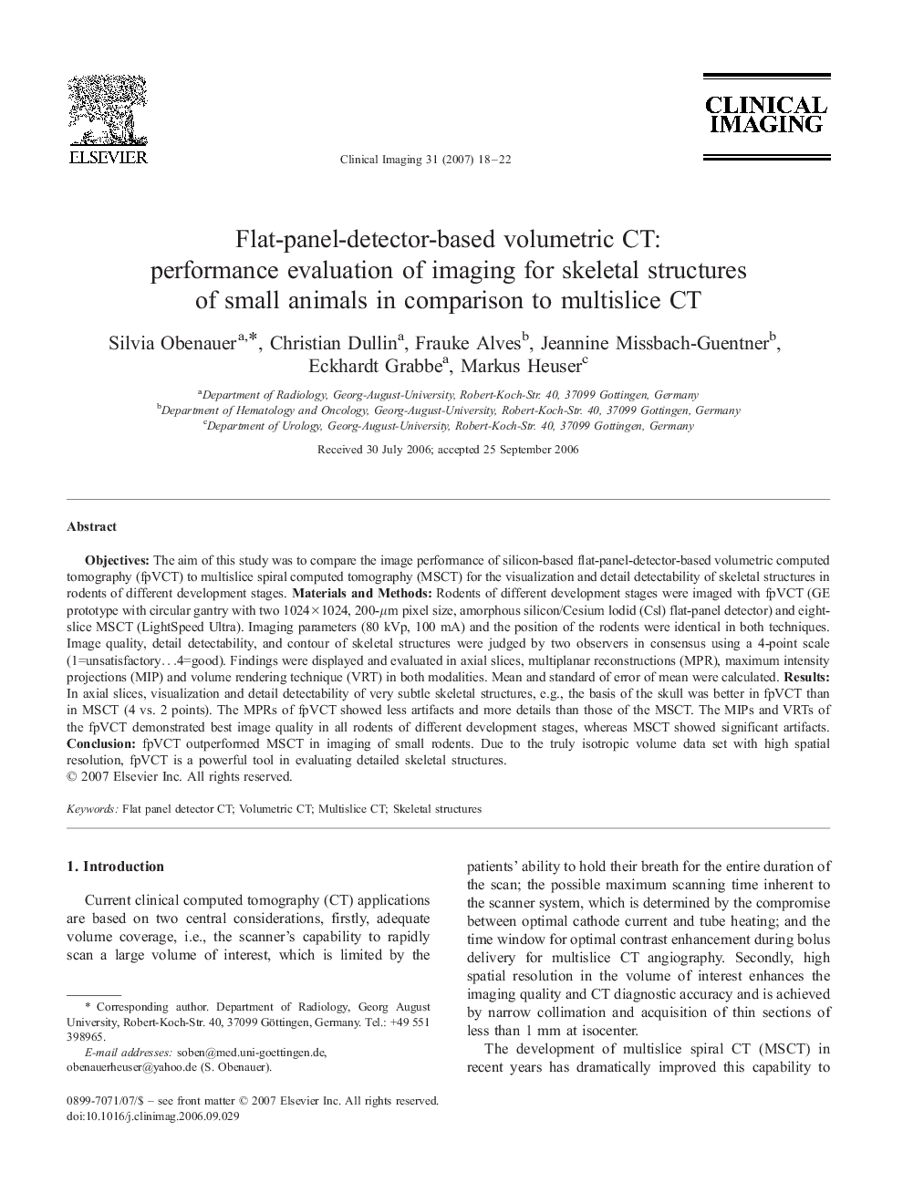 Flat-panel-detector-based volumetric CT: performance evaluation of imaging for skeletal structures of small animals in comparison to multislice CT