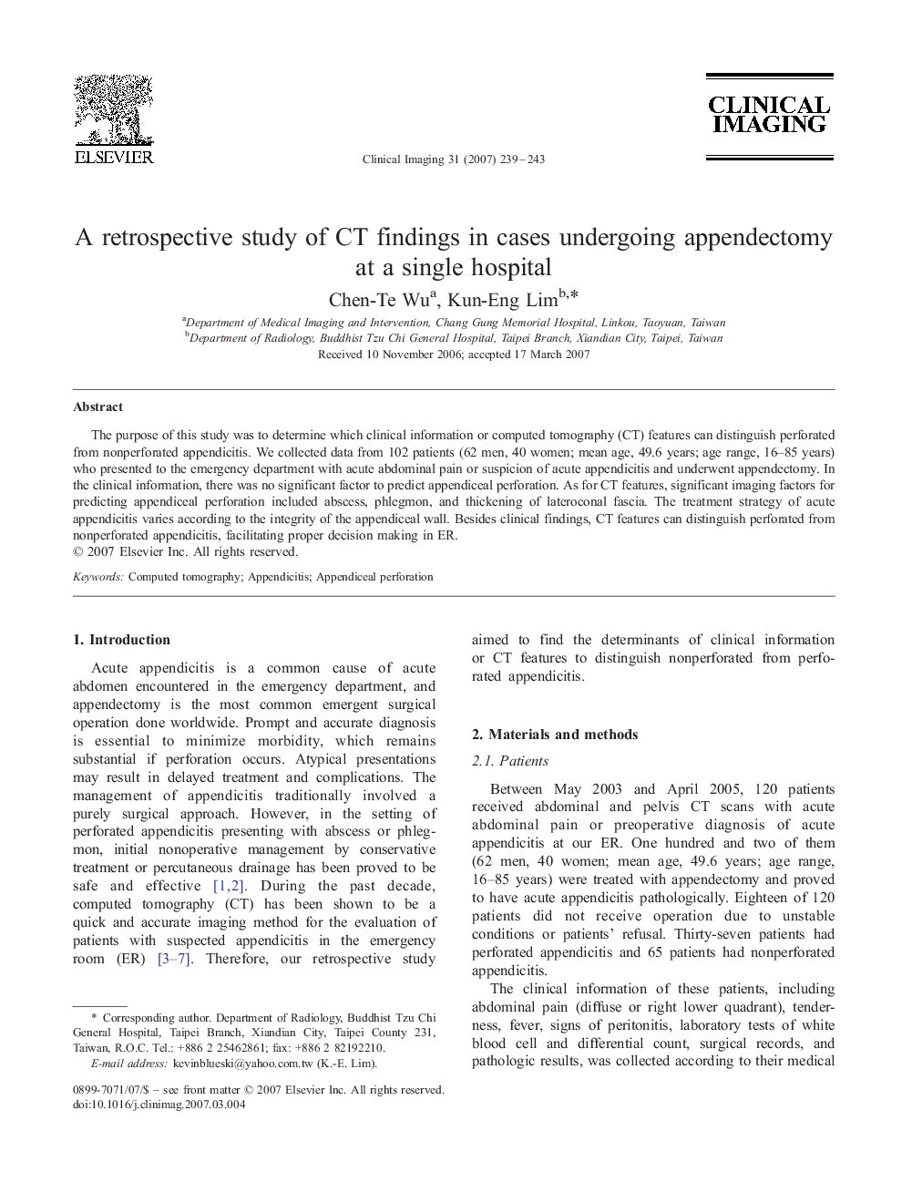 A retrospective study of CT findings in cases undergoing appendectomy at a single hospital