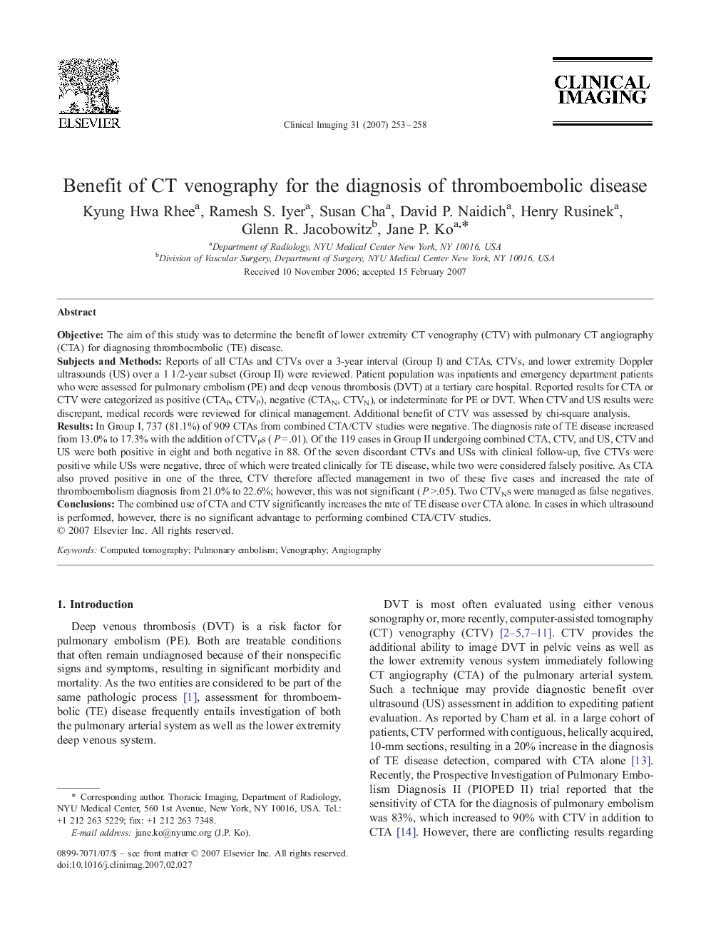 Benefit of CT venography for the diagnosis of thromboembolic disease