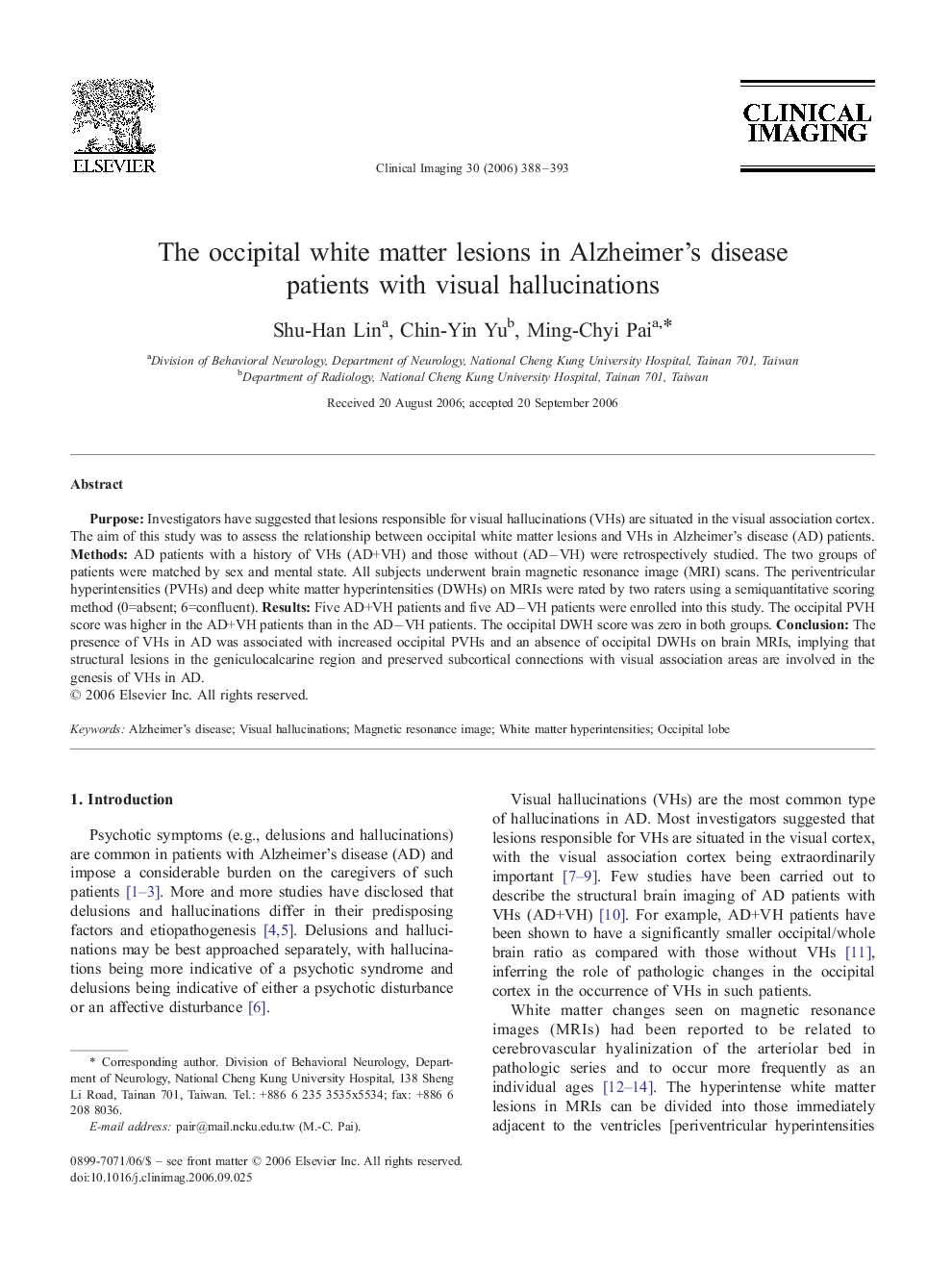 The occipital white matter lesions in Alzheimer's disease patients with visual hallucinations