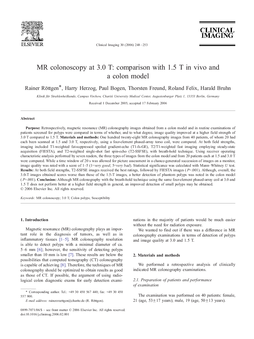 MR colonoscopy at 3.0 T: comparison with 1.5 T in vivo and a colon model