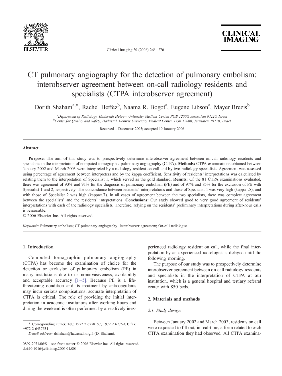 CT pulmonary angiography for the detection of pulmonary embolism: interobserver agreement between on-call radiology residents and specialists (CTPA interobserver agreement)