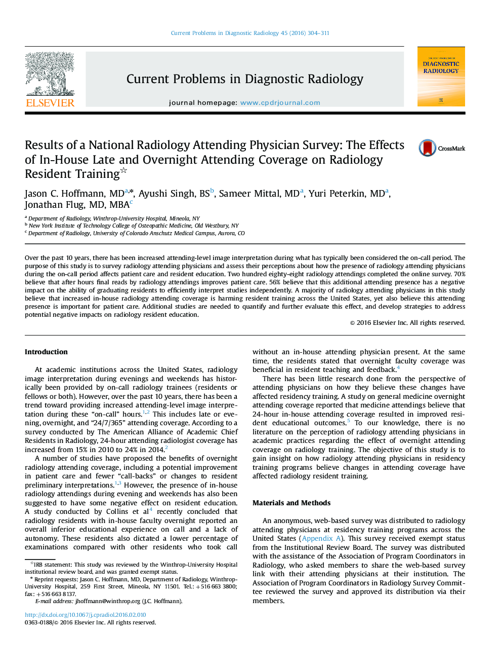 Results of a National Radiology Attending Physician Survey: The Effects of In-House Late and Overnight Attending Coverage on Radiology Resident Training 