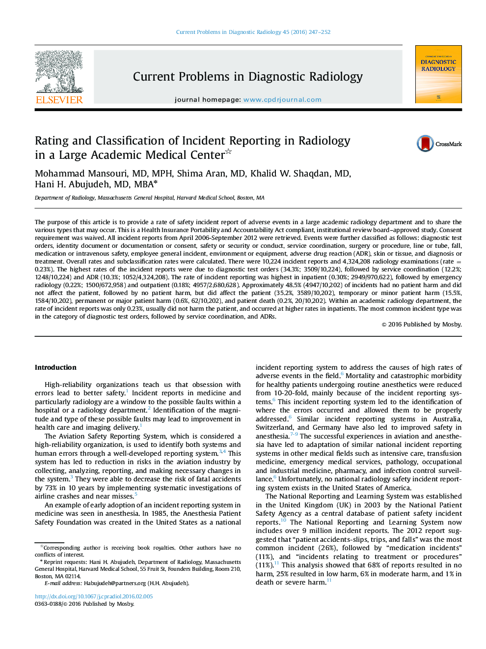 Rating and Classification of Incident Reporting in Radiology in a Large Academic Medical Center 