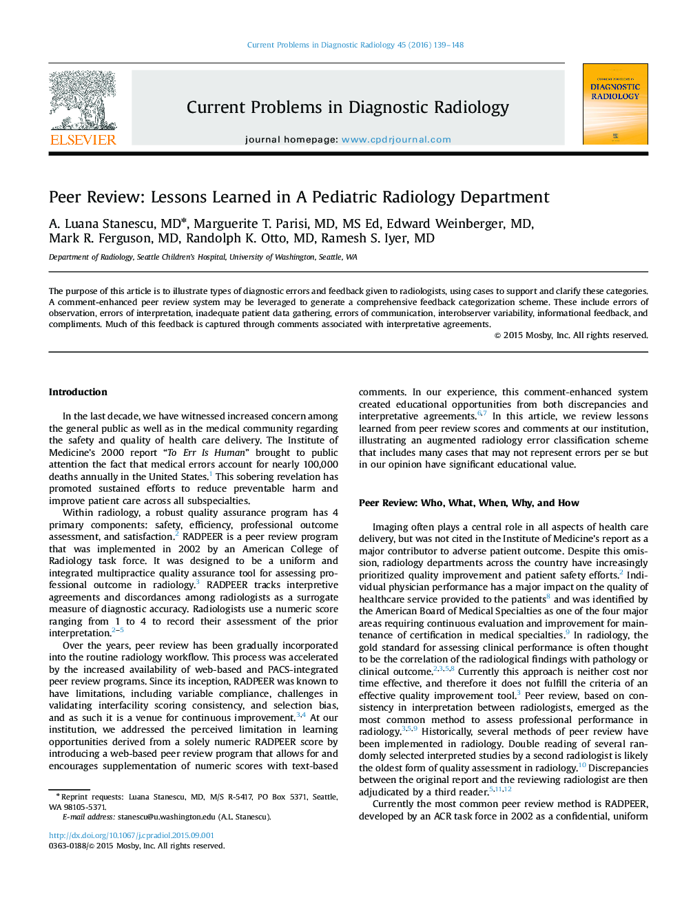 Peer Review: Lessons Learned in A Pediatric Radiology Department