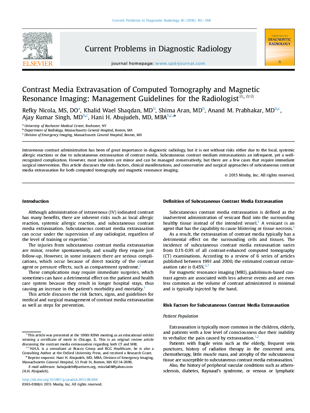 Contrast Media Extravasation of Computed Tomography and Magnetic Resonance Imaging: Management Guidelines for the Radiologist 