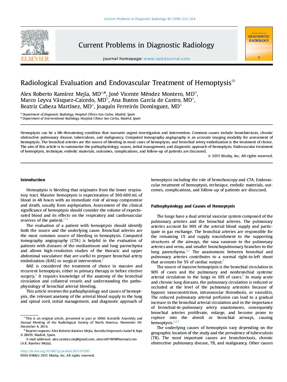 Radiological Evaluation and Endovascular Treatment of Hemoptysis 