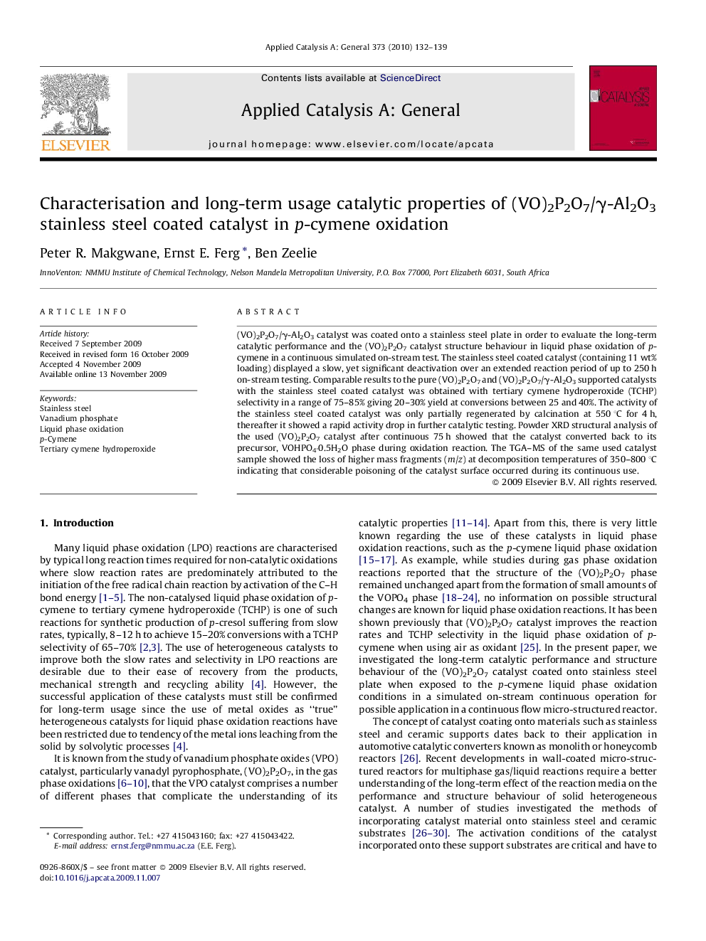 Characterisation and long-term usage catalytic properties of (VO)2P2O7/γ-Al2O3 stainless steel coated catalyst in p-cymene oxidation