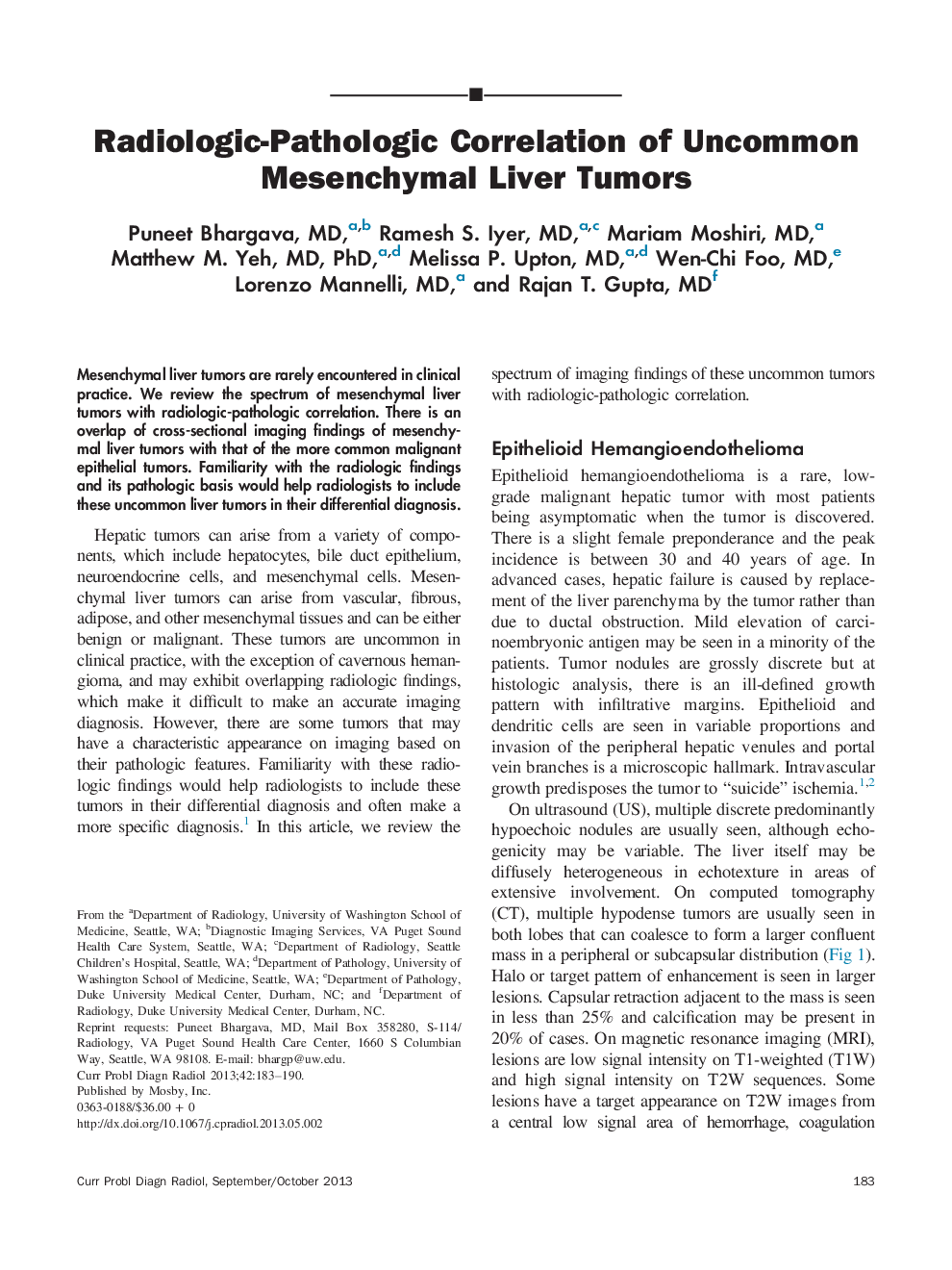 Radiologic-Pathologic Correlation of Uncommon Mesenchymal Liver Tumors