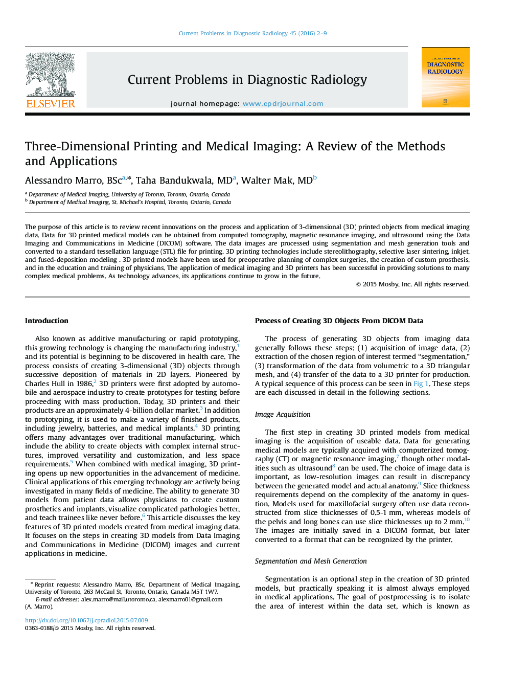 Three-Dimensional Printing and Medical Imaging: A Review of the Methods and Applications
