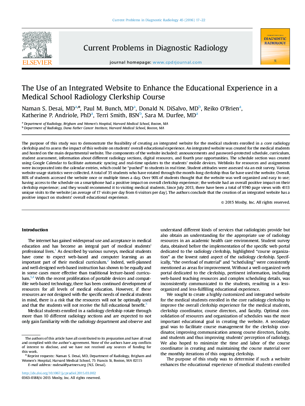 The Use of an Integrated Website to Enhance the Educational Experience in a Medical School Radiology Clerkship Course 