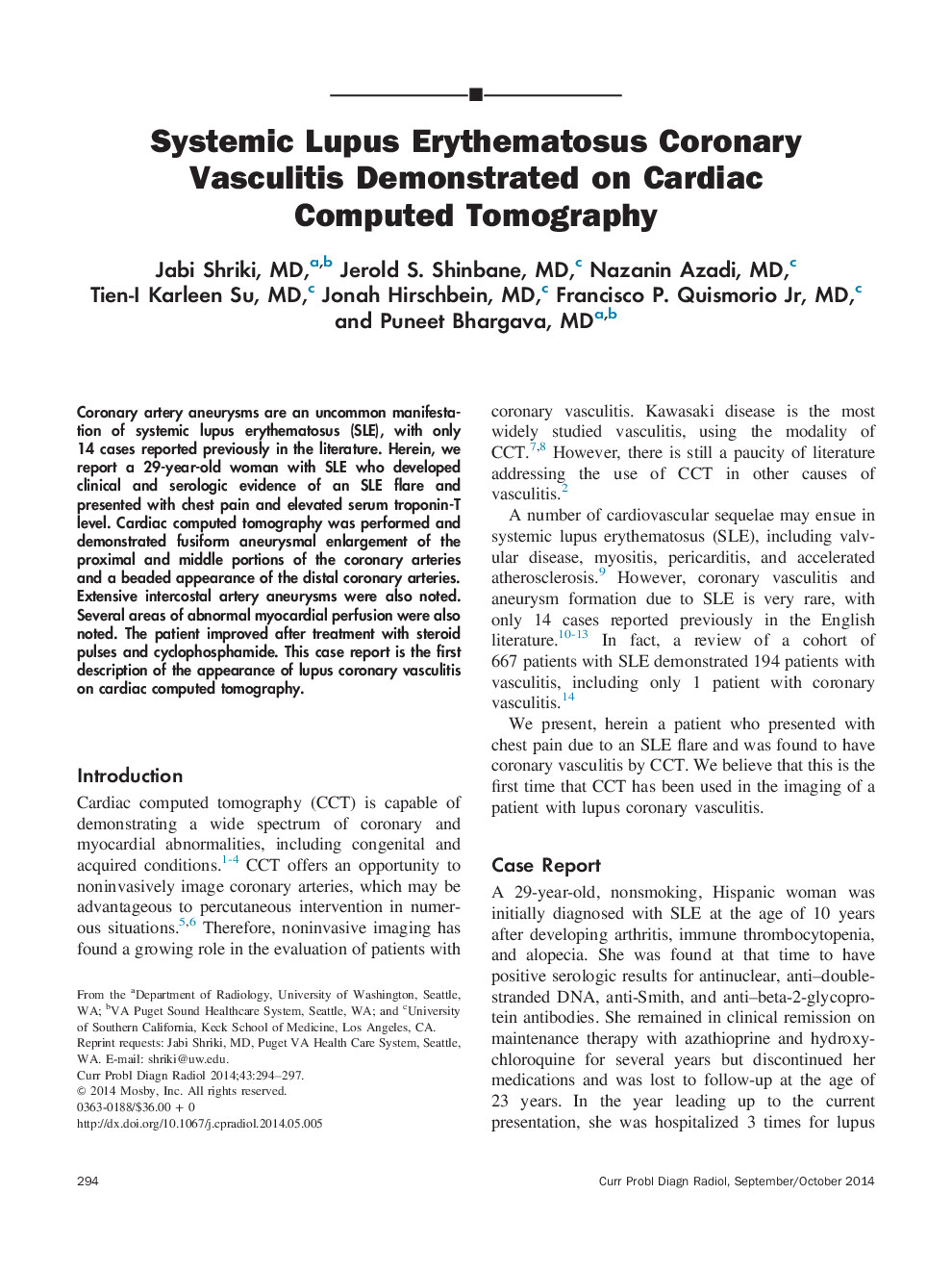 Systemic Lupus Erythematosus Coronary Vasculitis Demonstrated on Cardiac Computed Tomography