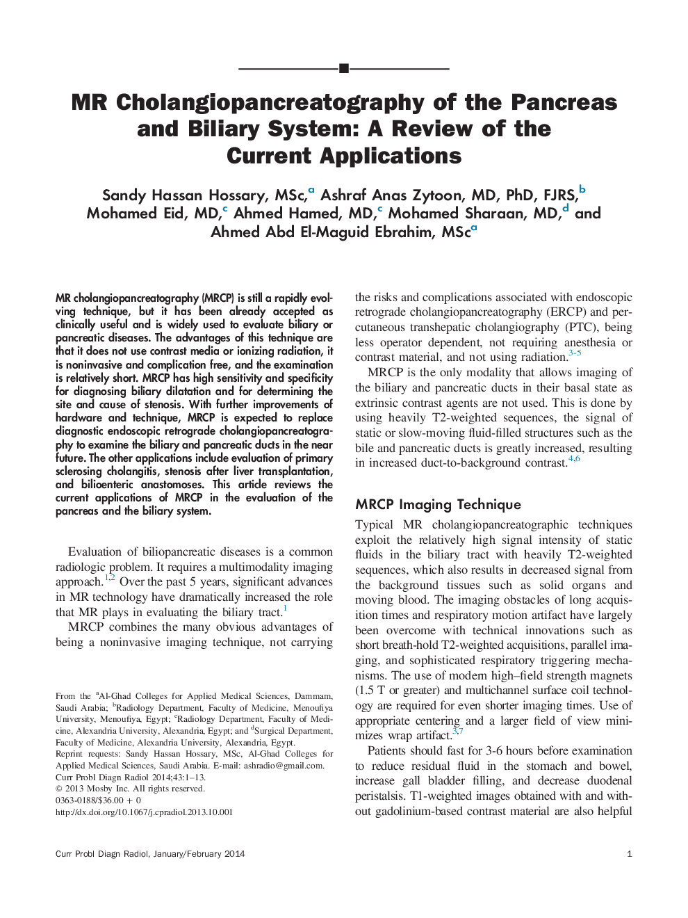 MR Cholangiopancreatography of the Pancreas and Biliary System: A Review of the Current Applications