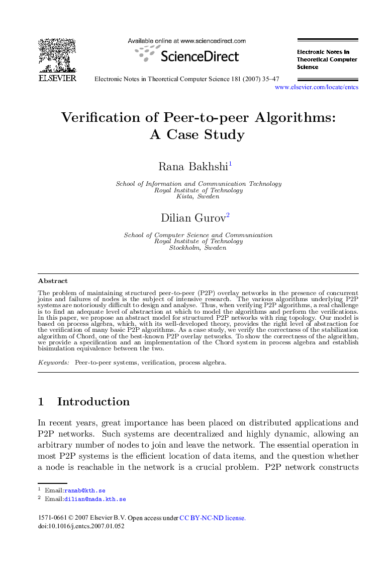 Verification of Peer-to-peer Algorithms: A Case Study