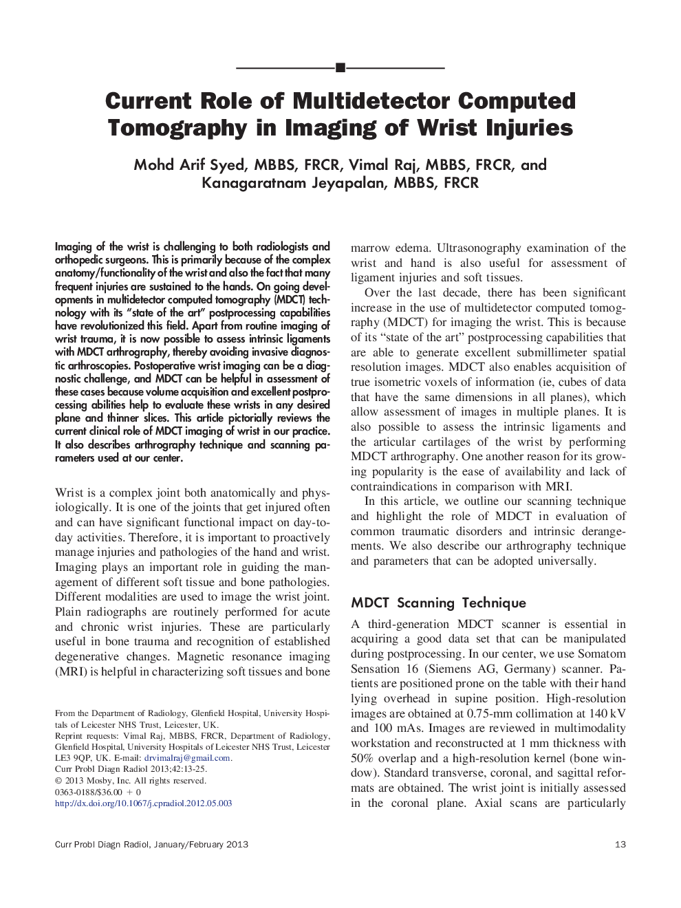 Current Role of Multidetector Computed Tomography in Imaging of Wrist Injuries