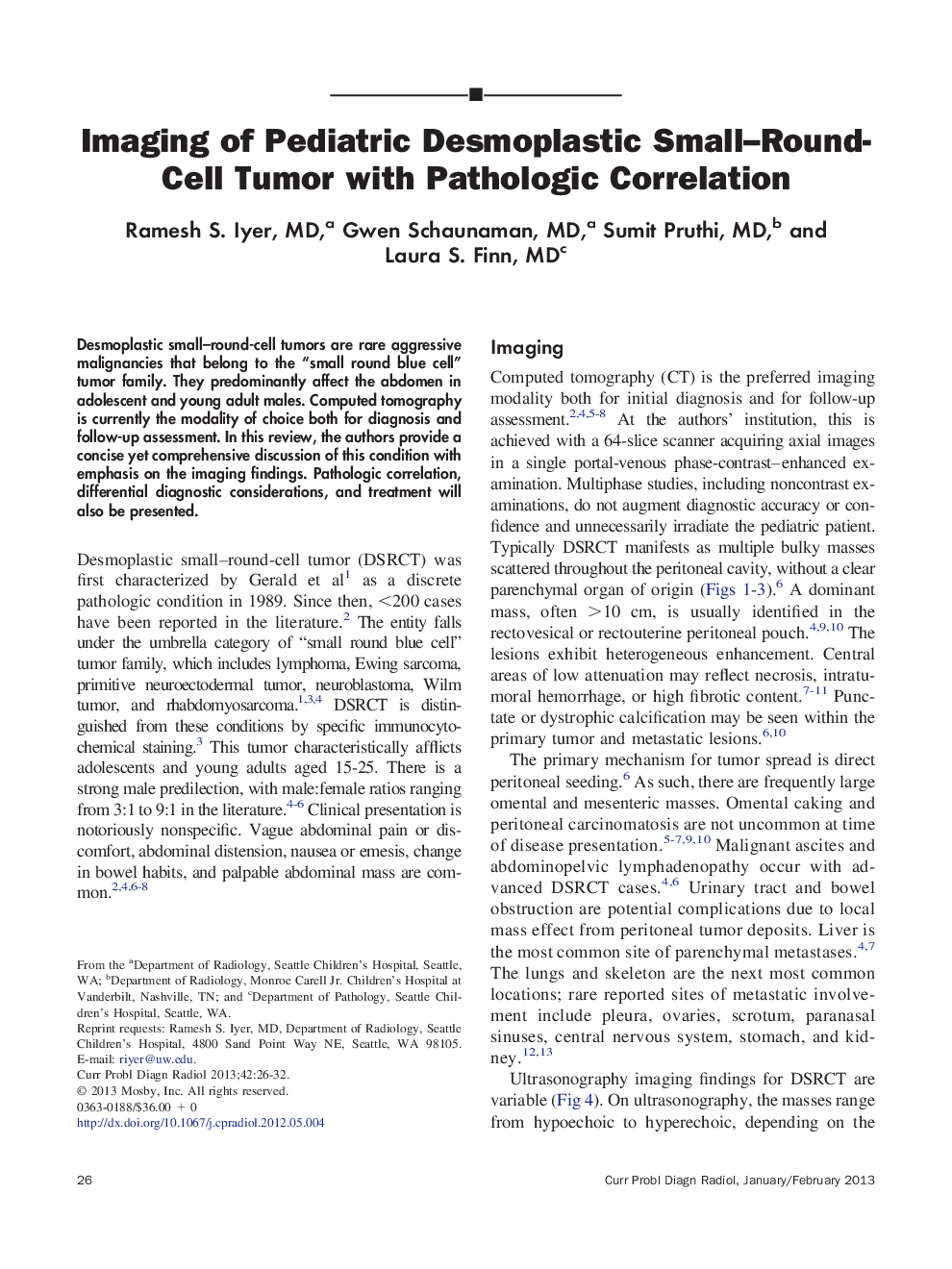 Imaging of Pediatric Desmoplastic Small–Round-Cell Tumor with Pathologic Correlation