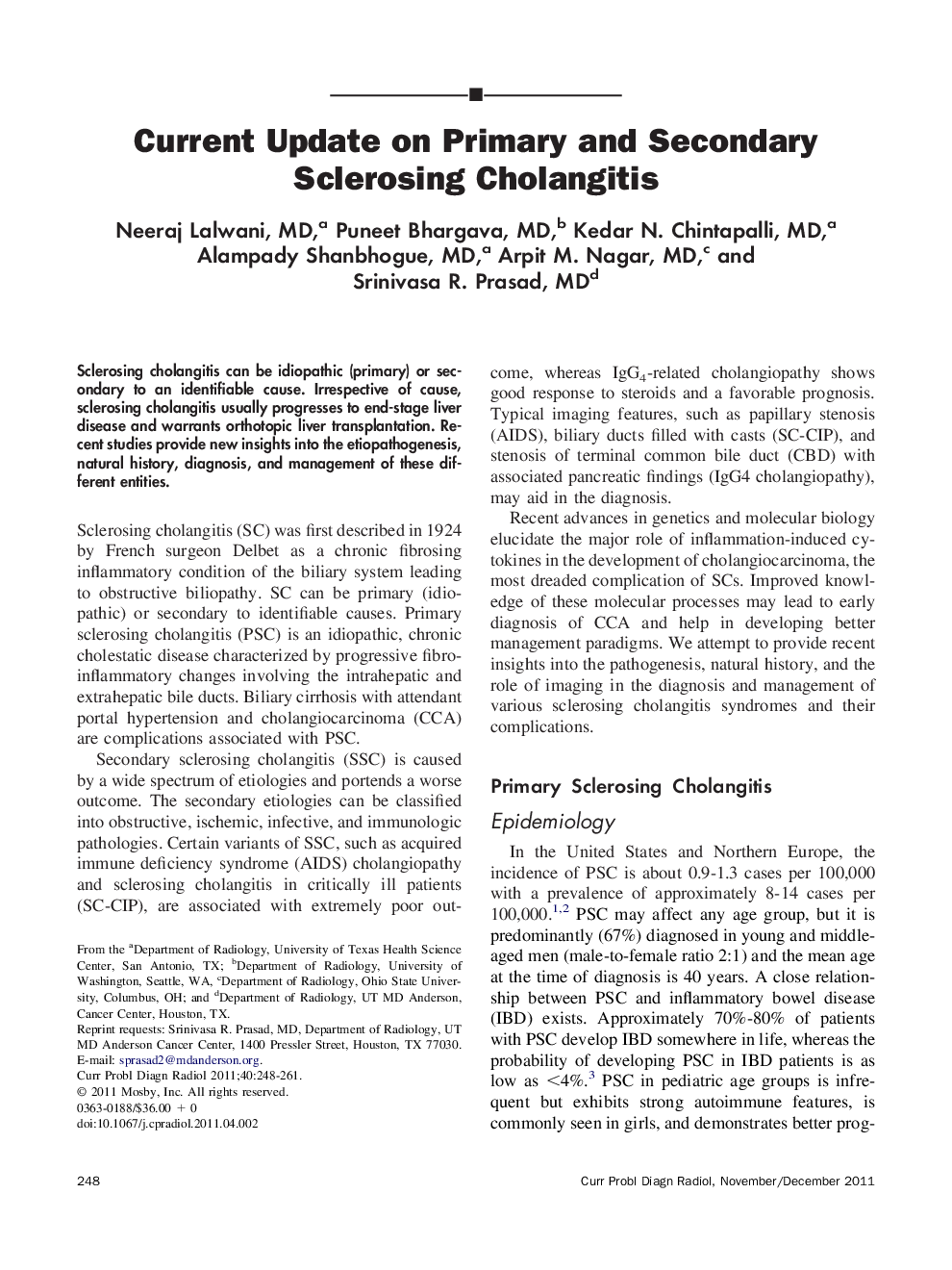 Current Update on Primary and Secondary Sclerosing Cholangitis