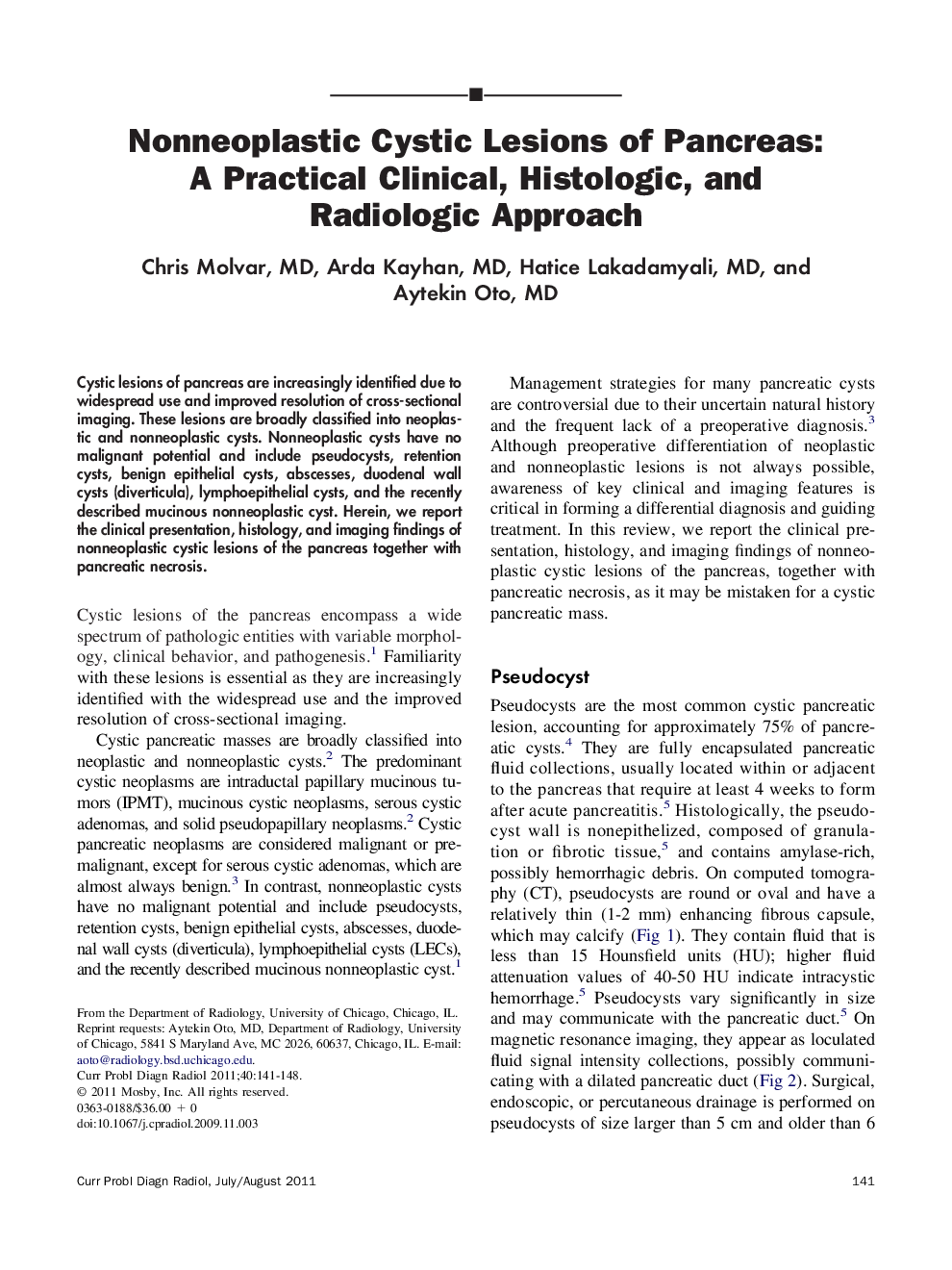 Nonneoplastic Cystic Lesions of Pancreas: A Practical Clinical, Histologic, and Radiologic Approach