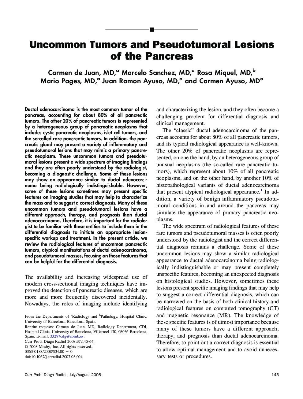 Uncommon Tumors and Pseudotumoral Lesions of the Pancreas