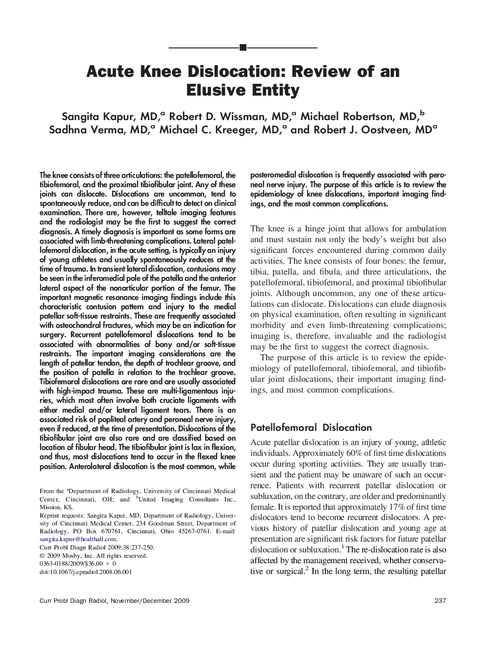 Acute Knee Dislocation: Review of an Elusive Entity