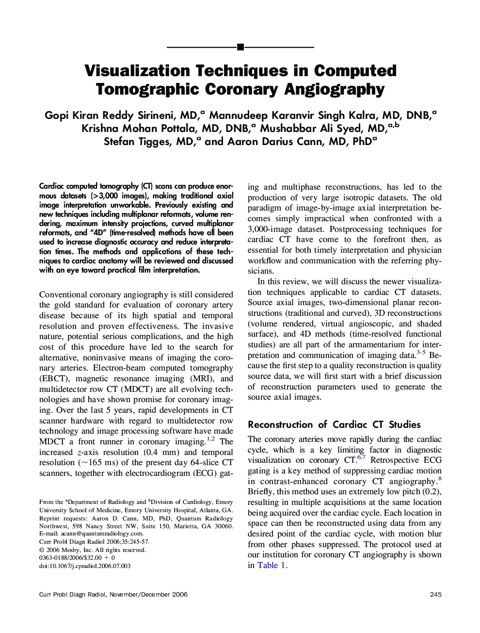 Visualization Techniques in Computed Tomographic Coronary Angiography