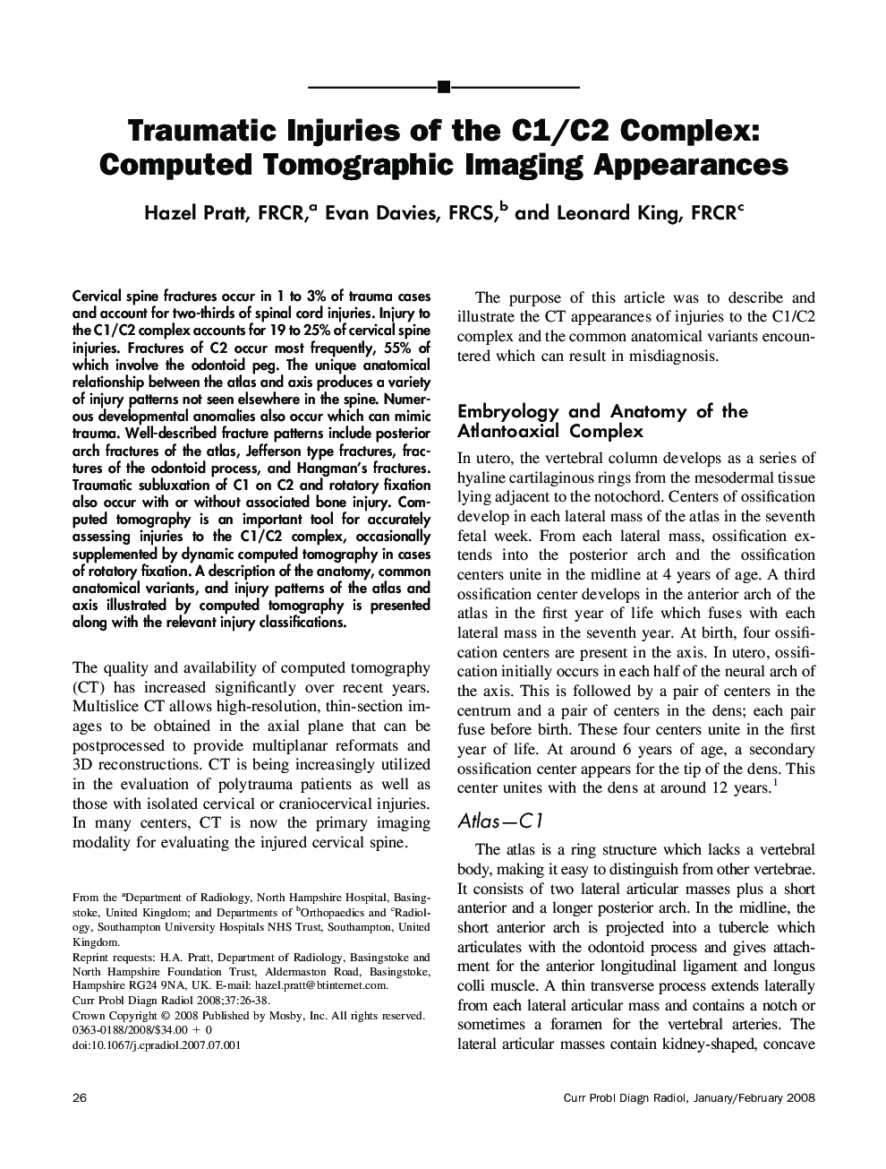 Traumatic Injuries of the C1/C2 Complex: Computed Tomographic Imaging Appearances