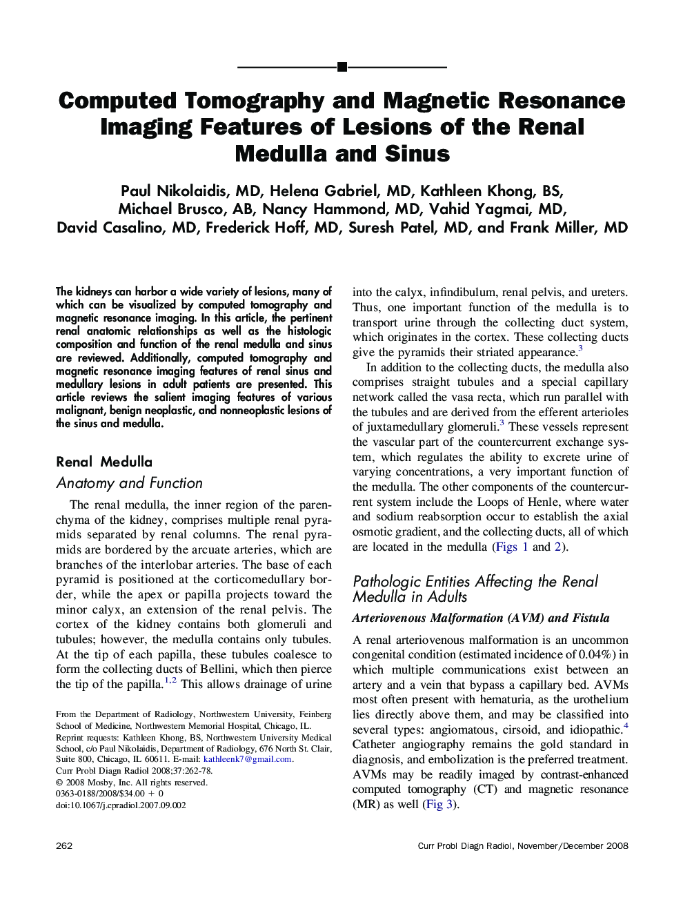 Computed Tomography and Magnetic Resonance Imaging Features of Lesions of the Renal Medulla and Sinus