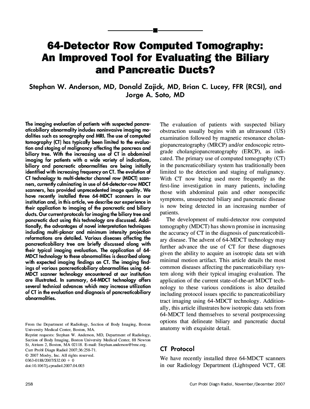 64-Detector Row Computed Tomography: An Improved Tool for Evaluating the Biliary and Pancreatic Ducts?