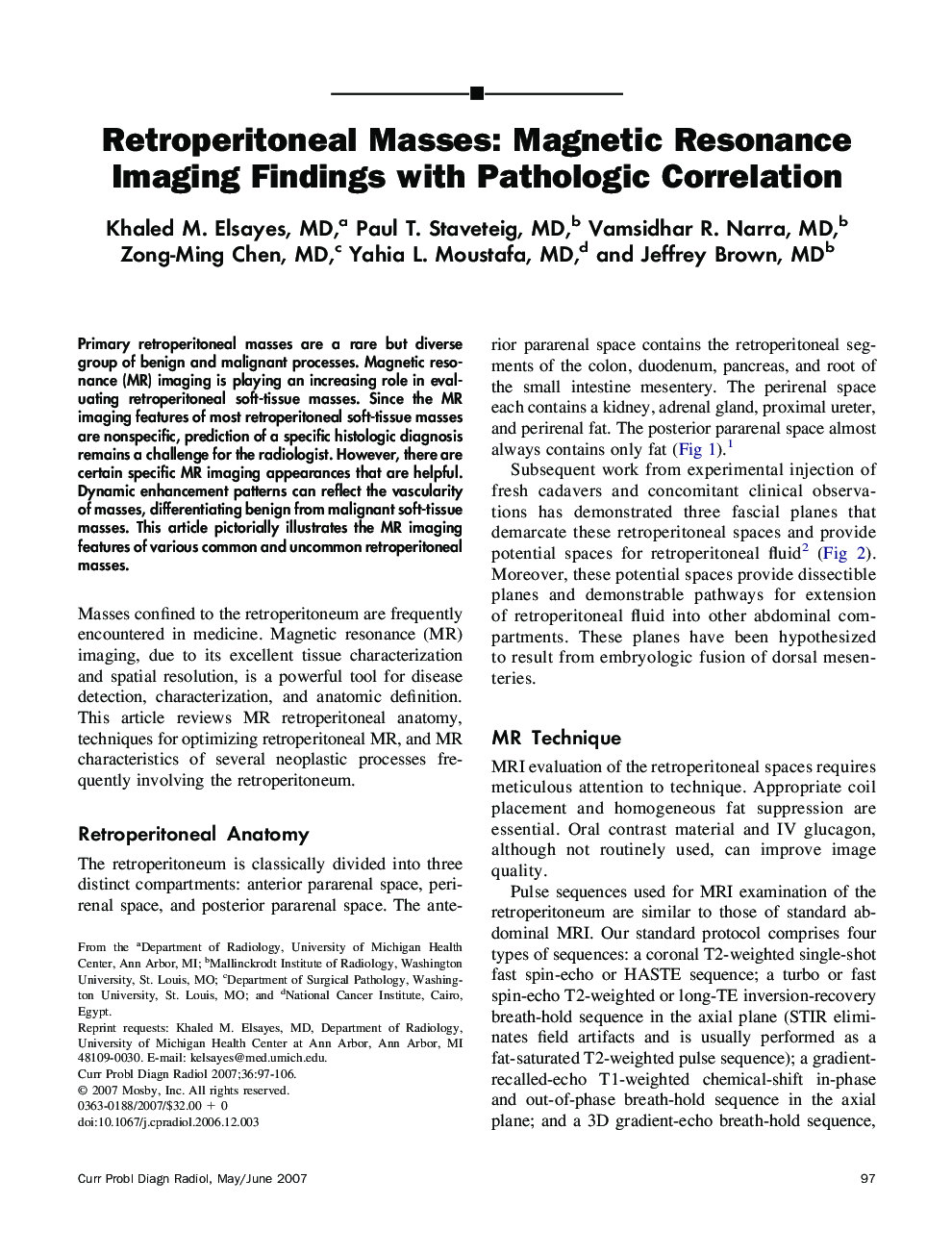 Retroperitoneal Masses: Magnetic Resonance Imaging Findings with Pathologic Correlation
