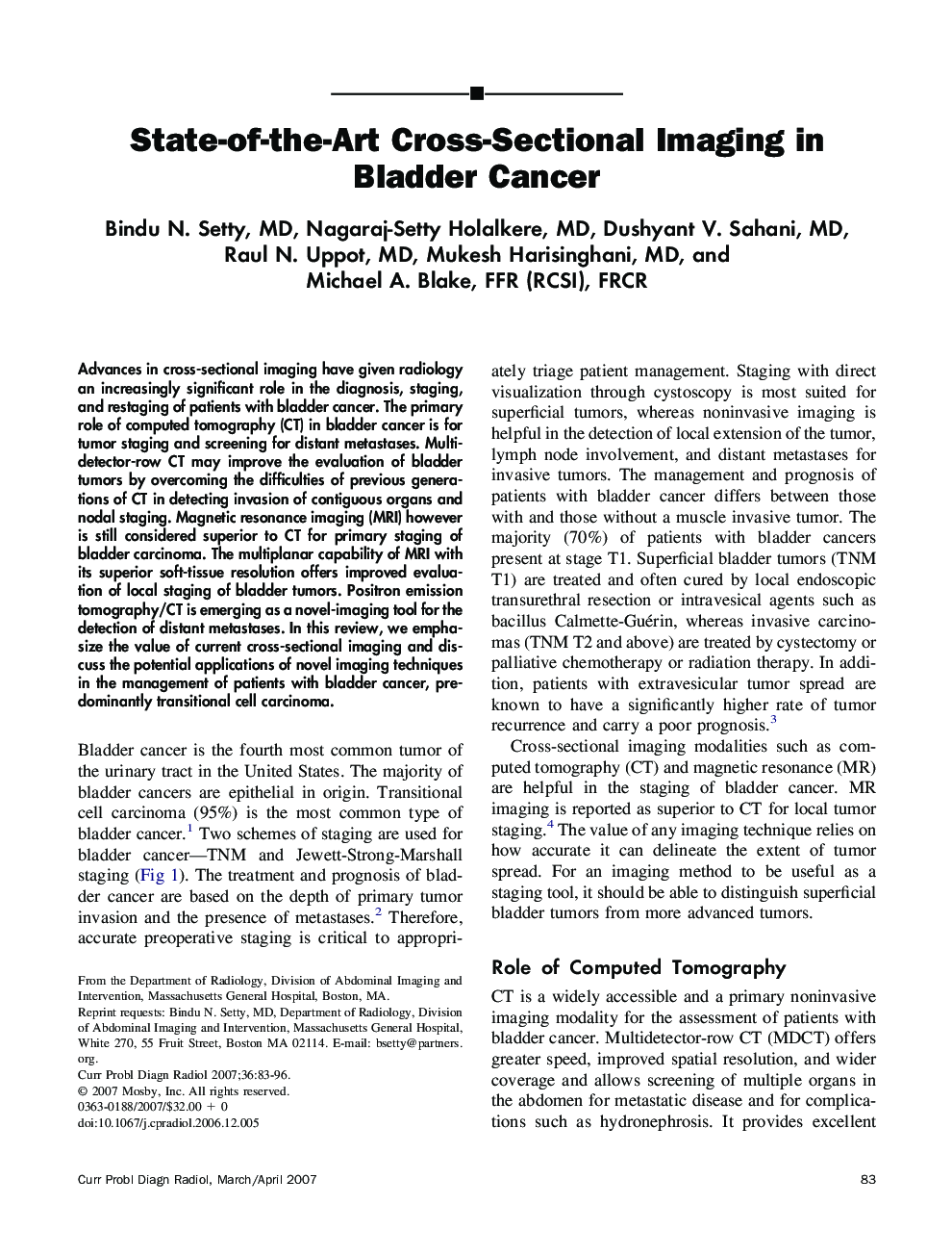 State-of-the-Art Cross-Sectional Imaging in Bladder Cancer