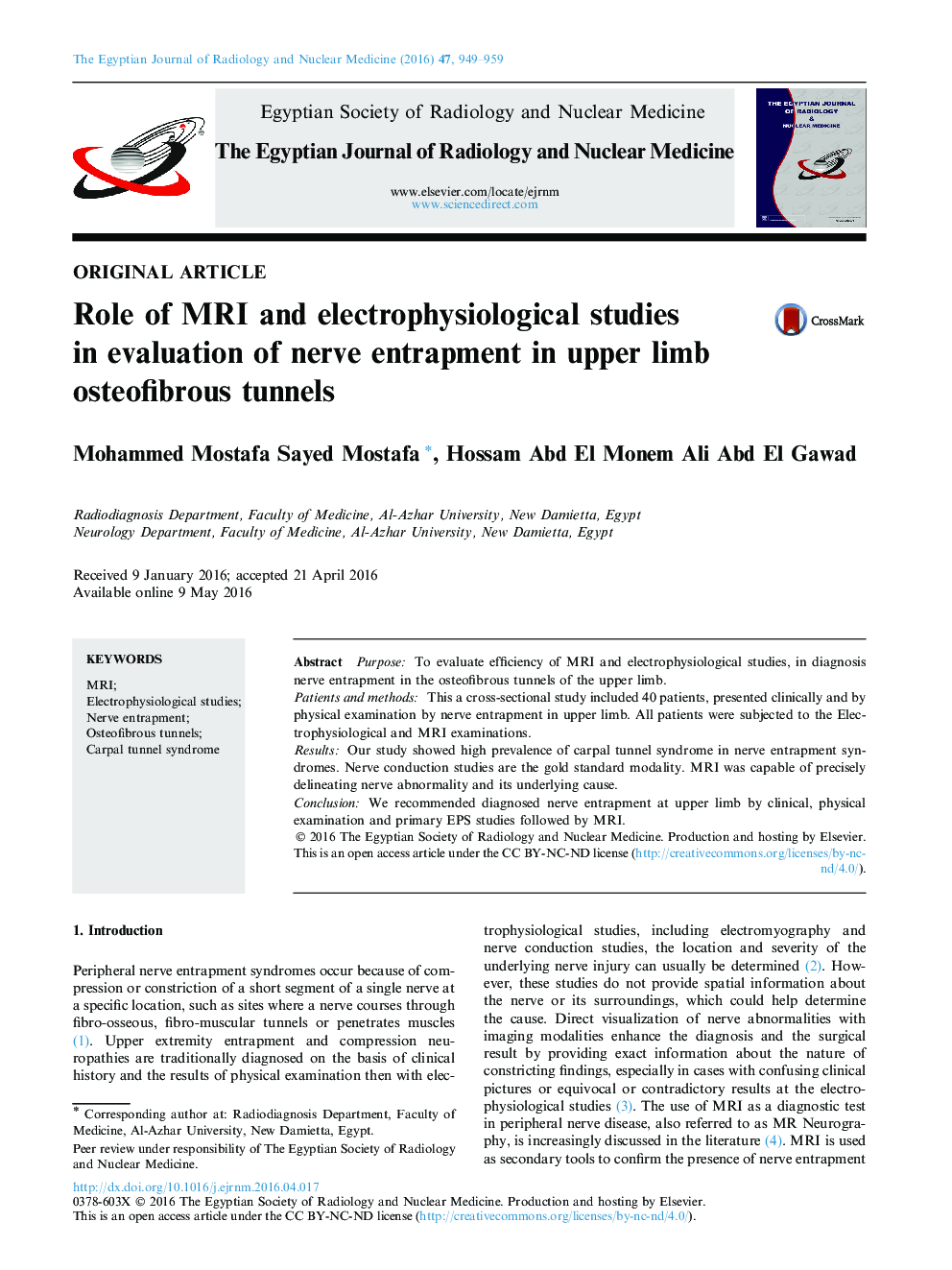 Role of MRI and electrophysiological studies in evaluation of nerve entrapment in upper limb osteofibrous tunnels 