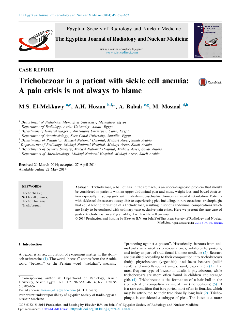 Trichobezoar in a patient with sickle cell anemia: A pain crisis is not always to blame 