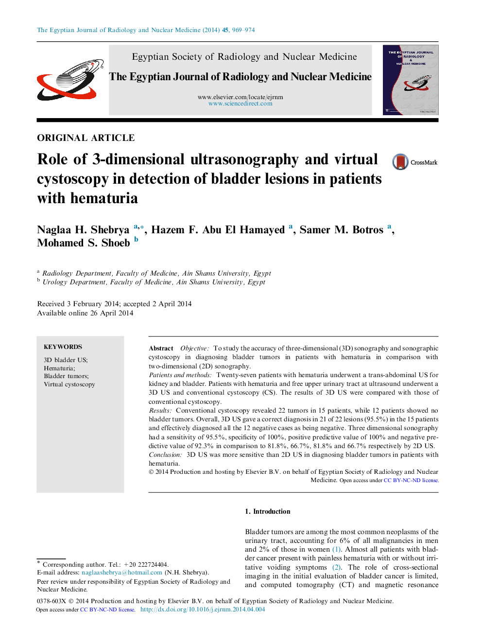 Role of 3-dimensional ultrasonography and virtual cystoscopy in detection of bladder lesions in patients with hematuria 