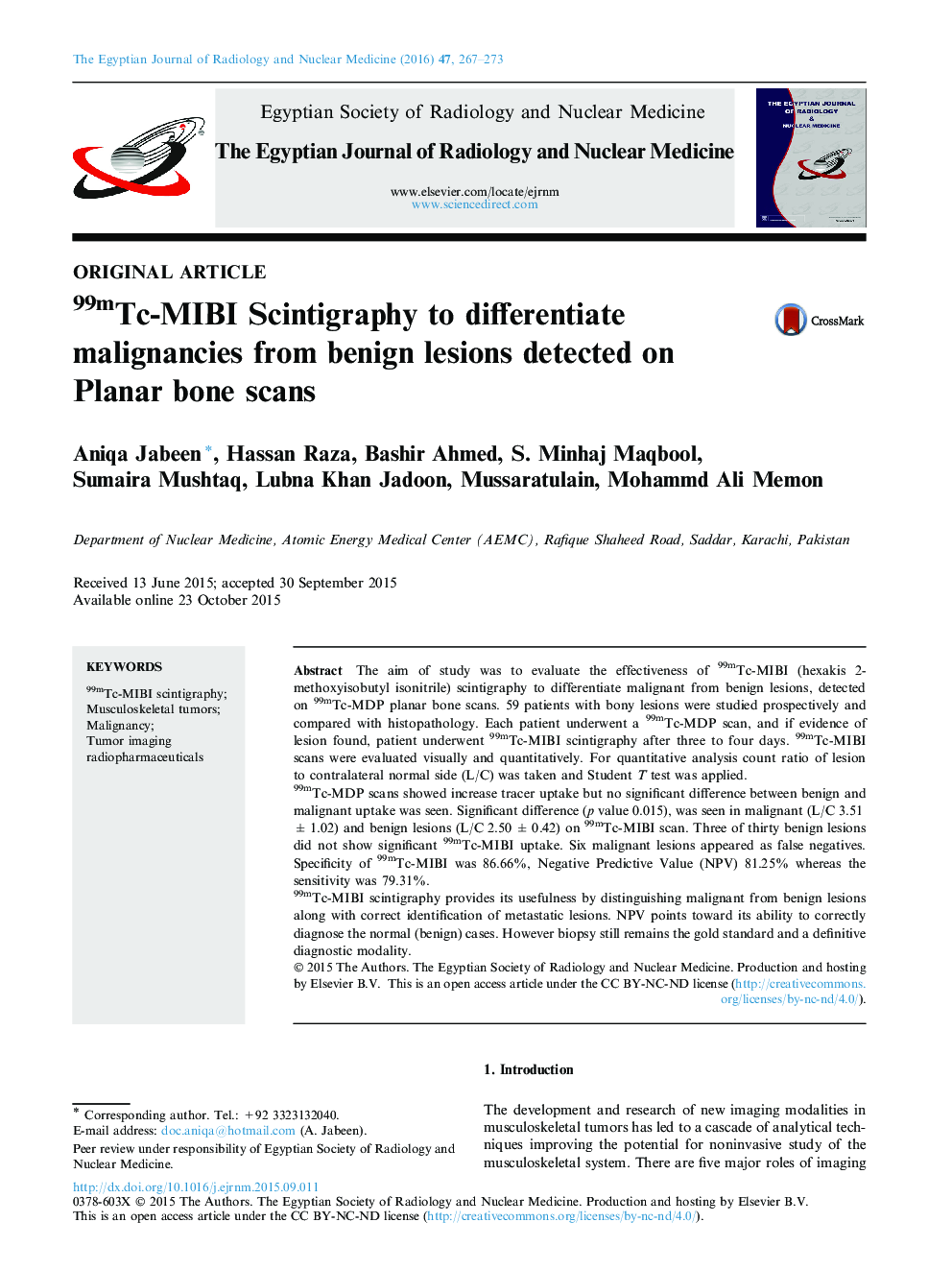 99mTc-MIBI Scintigraphy to differentiate malignancies from benign lesions detected on Planar bone scans 