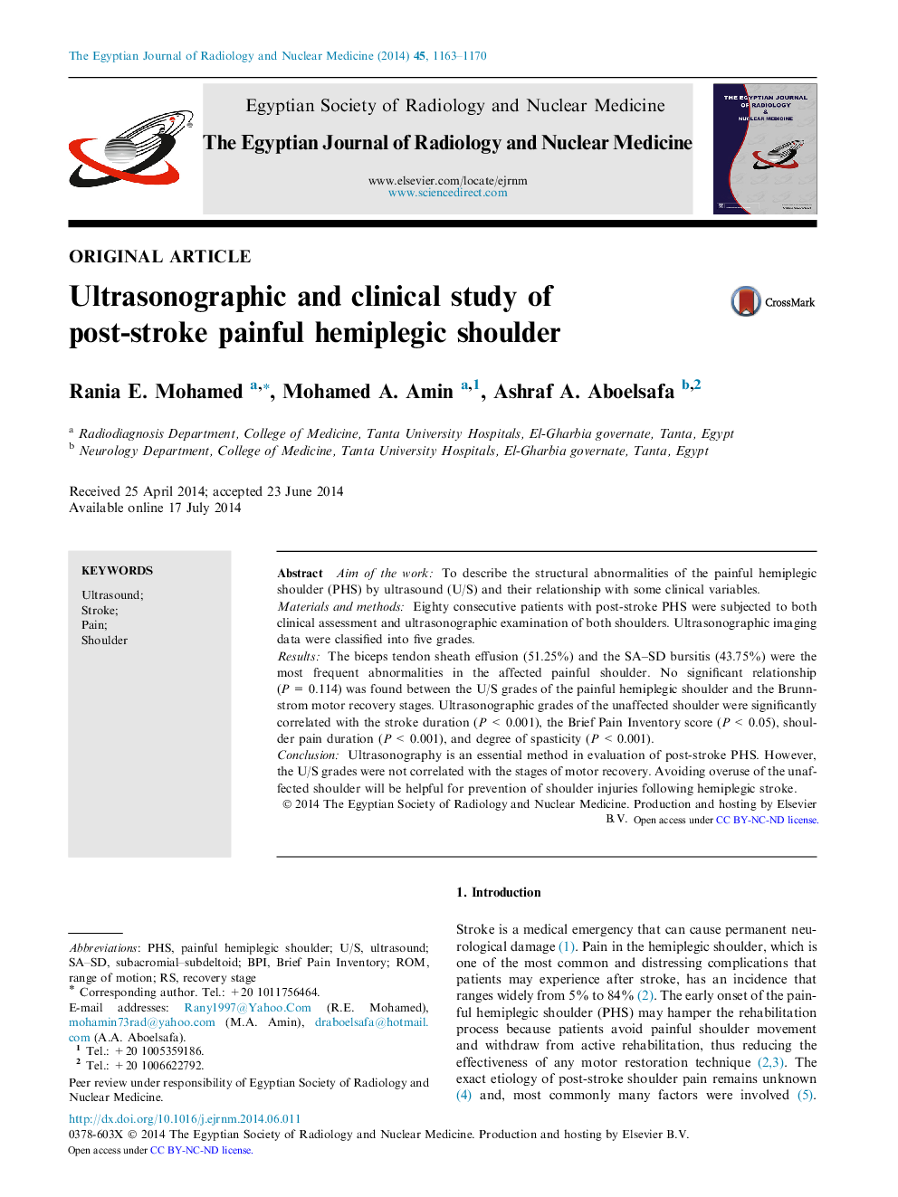 Ultrasonographic and clinical study of post-stroke painful hemiplegic shoulder 