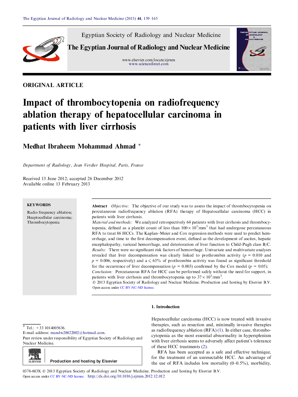 Impact of thrombocytopenia on radiofrequency ablation therapy of hepatocellular carcinoma in patients with liver cirrhosis 