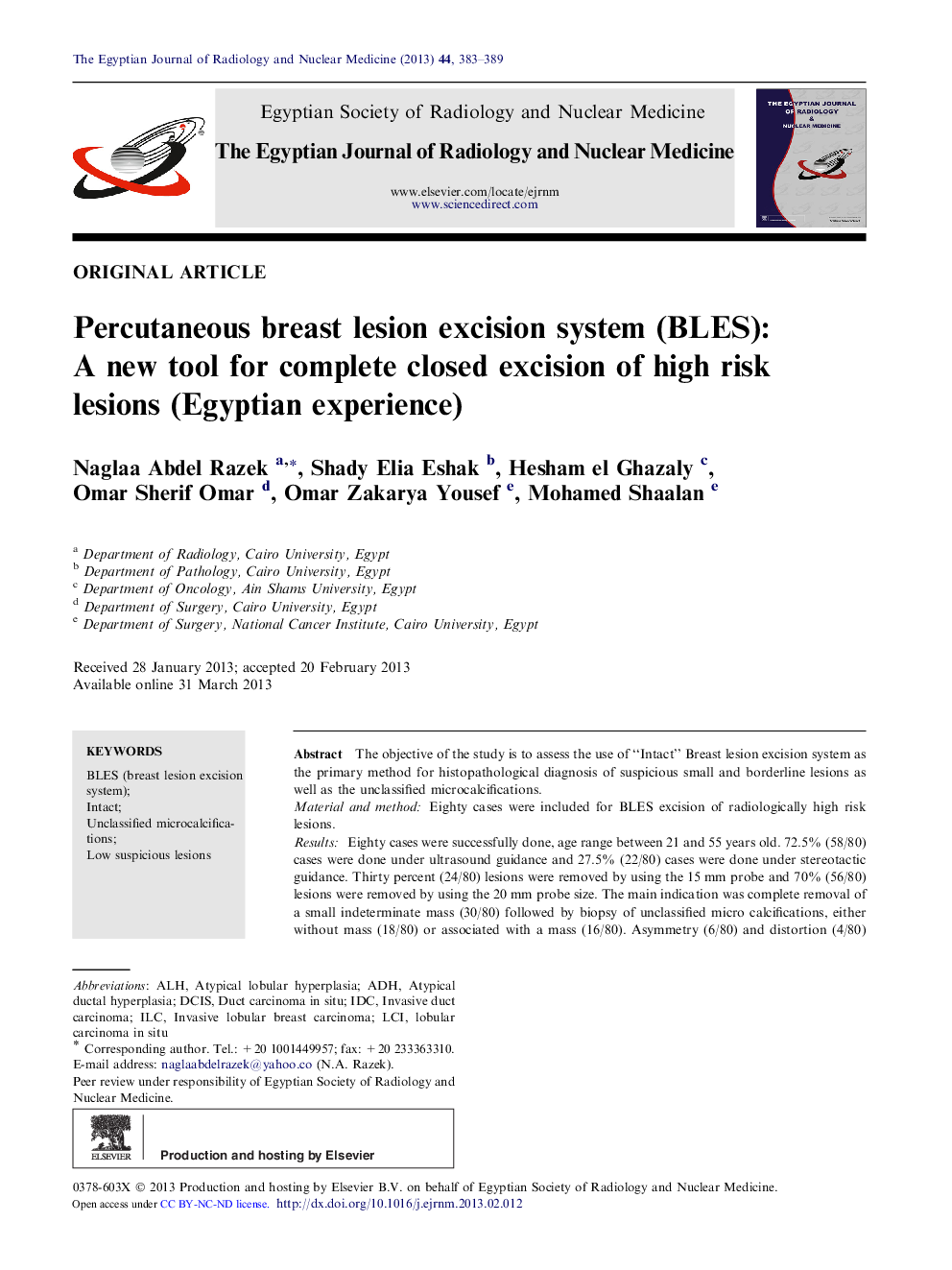 Percutaneous breast lesion excision system (BLES): A new tool for complete closed excision of high risk lesions (Egyptian experience) 