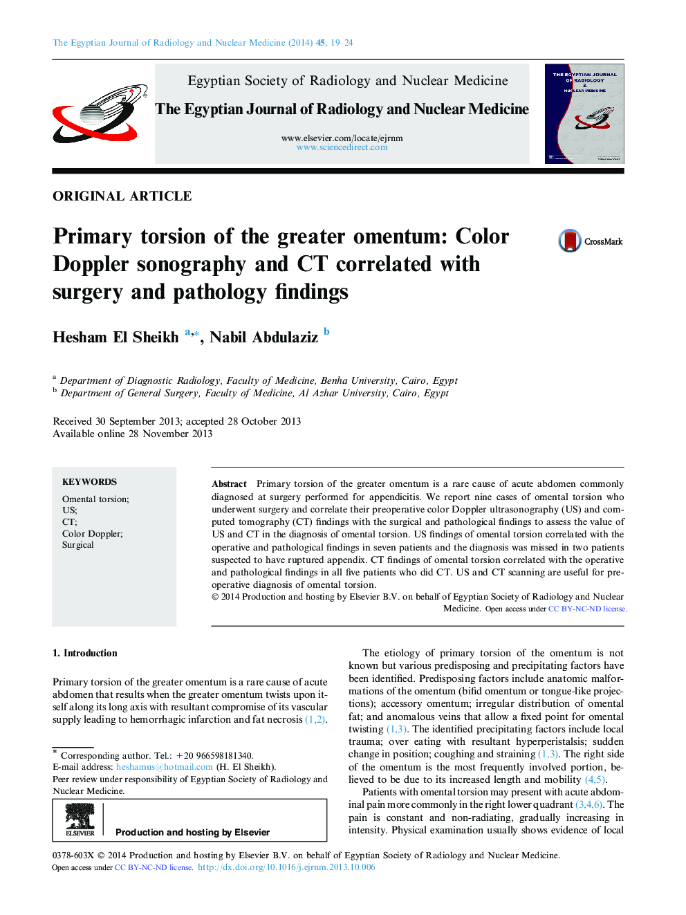 Primary torsion of the greater omentum: Color Doppler sonography and CT correlated with surgery and pathology findings 