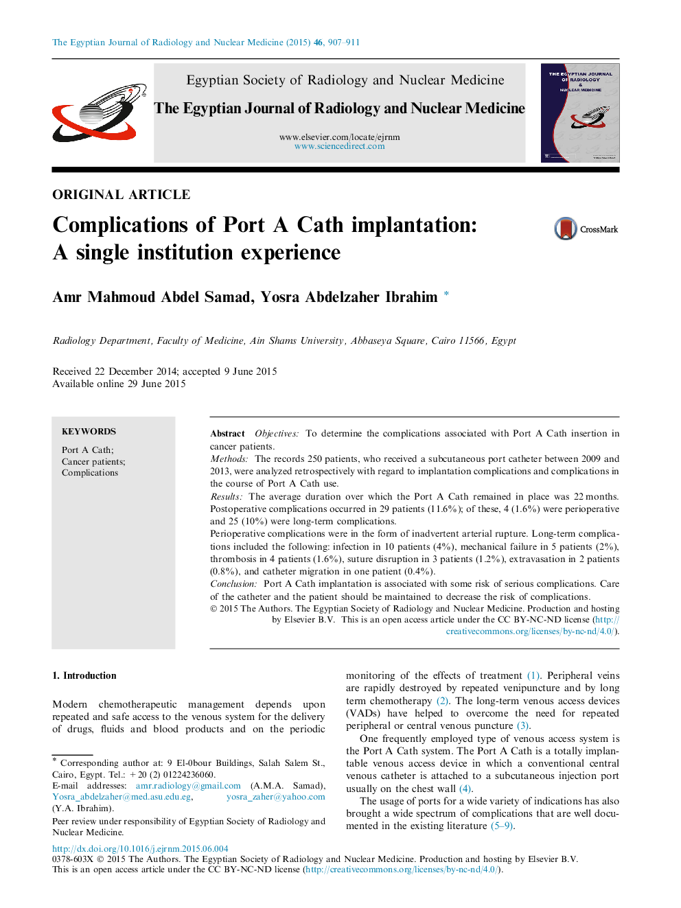 Complications of Port A Cath implantation: A single institution experience 