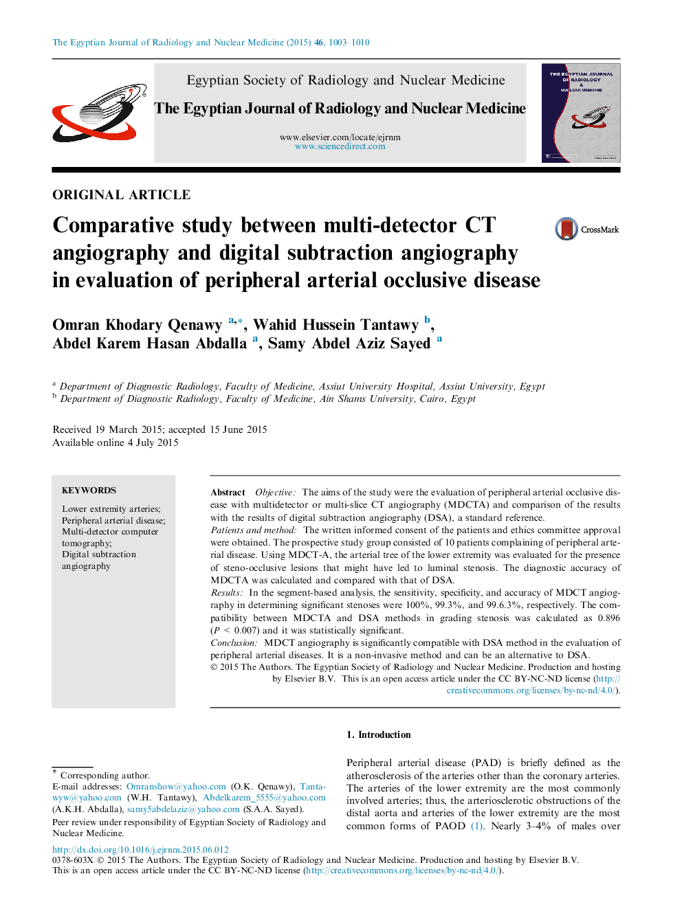 Comparative study between multi-detector CT angiography and digital subtraction angiography in evaluation of peripheral arterial occlusive disease 